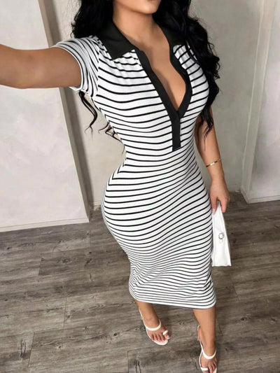 Striped Polo Collar Midi Dress - Your Second Look