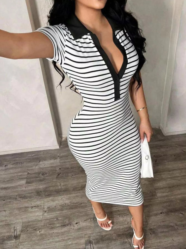 Striped Polo Collar Midi Dress - Your Second Look