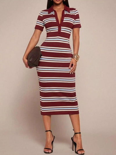 Striped Polo Collar Midi Dress - Your Second Look