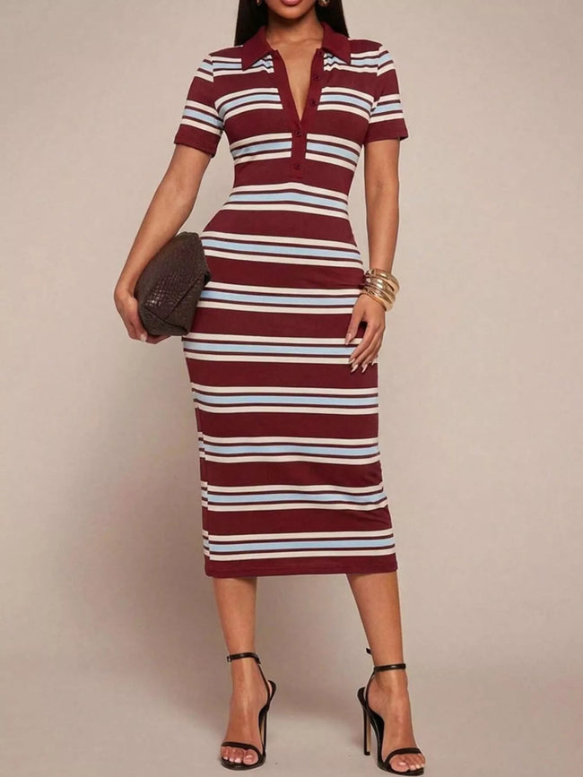 Striped Polo Collar Midi Dress - Your Second Look