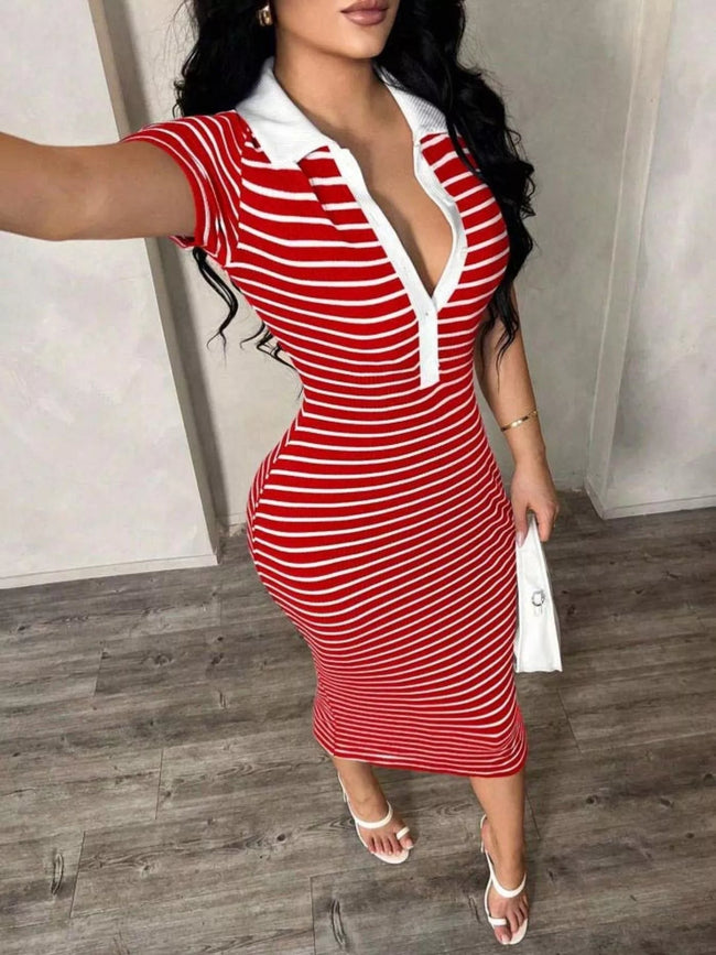 Striped Polo Collar Midi Dress - Your Second Look