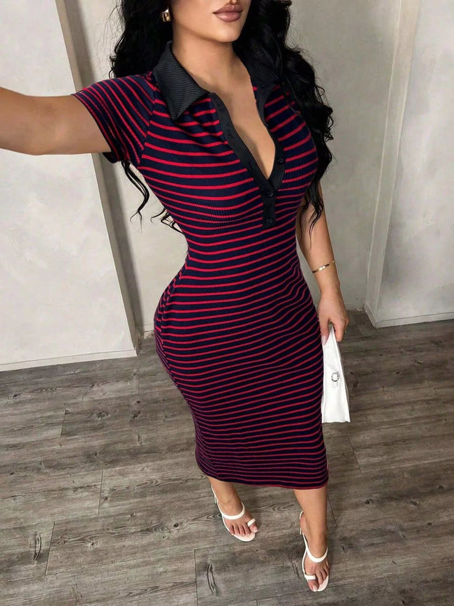 Striped Polo Collar Midi Dress - Your Second Look