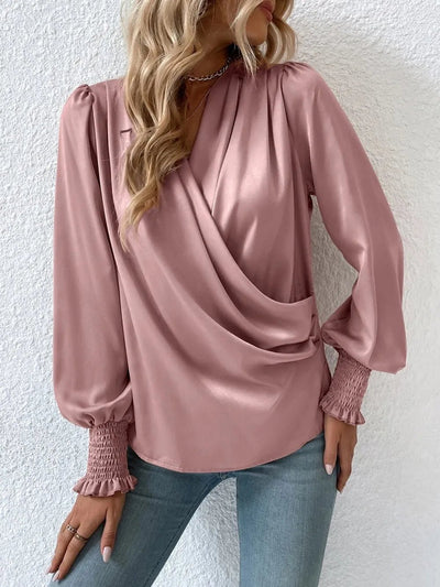 Surplice Smocked Lantern Sleeve Blouse - Your Second Look