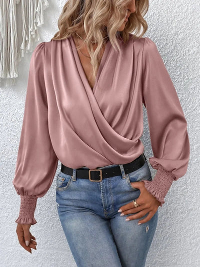Surplice Smocked Lantern Sleeve Blouse - Your Second Look