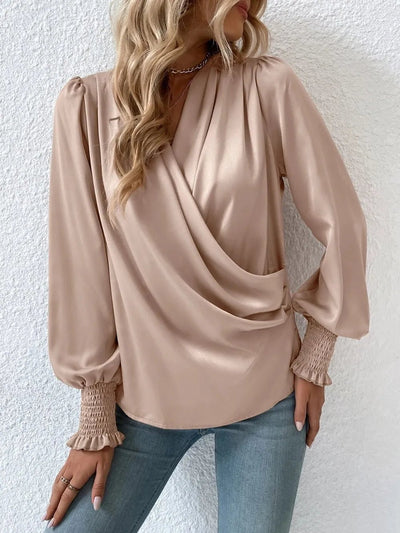 Surplice Smocked Lantern Sleeve Blouse - Your Second Look