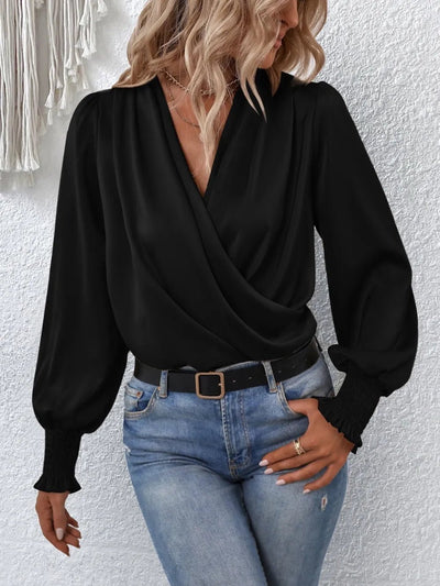 Surplice Smocked Lantern Sleeve Blouse - Your Second Look