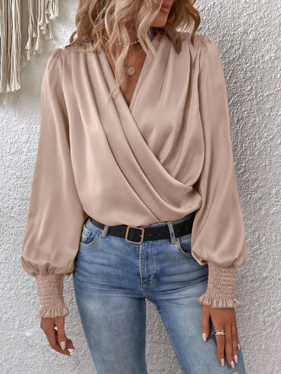 Surplice Smocked Lantern Sleeve Blouse - Your Second Look