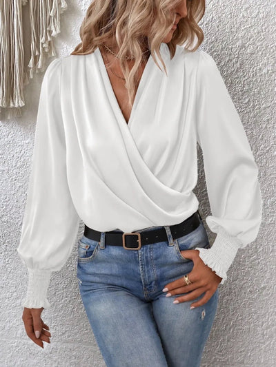 Surplice Smocked Lantern Sleeve Blouse - Your Second Look