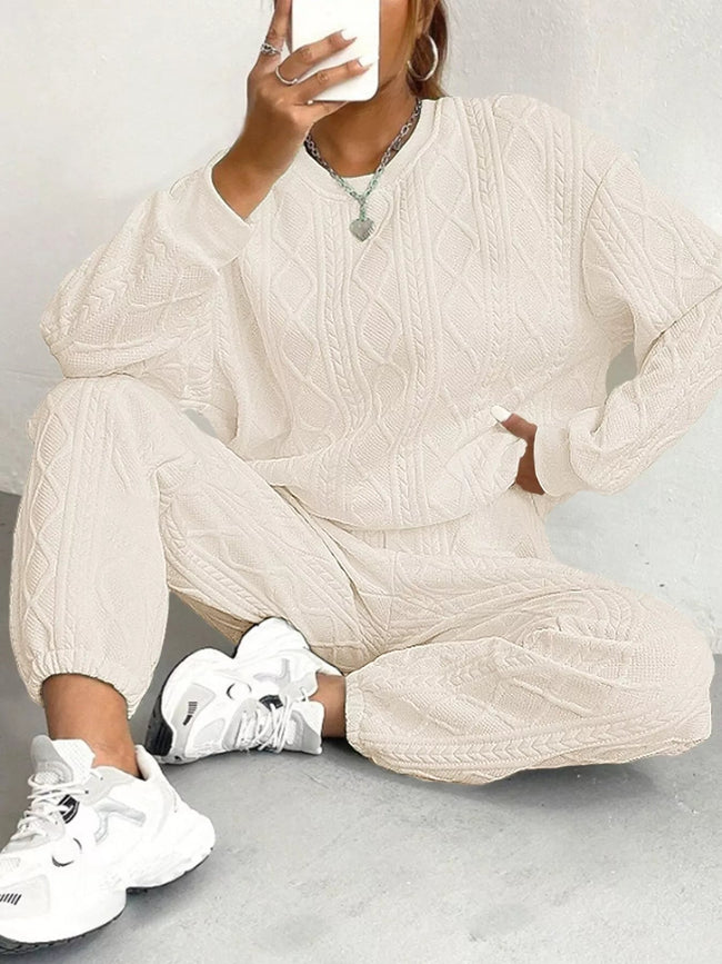 Texture Round Neck Top and Pants Set - Your Second Look