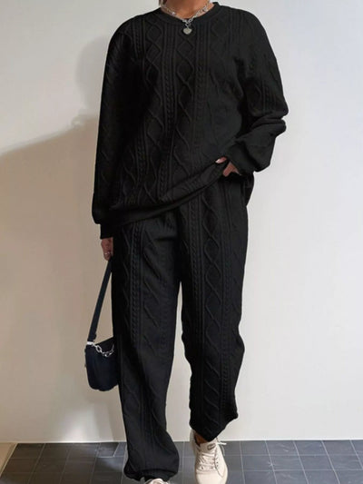 Texture Round Neck Top and Pants Set - Your Second Look