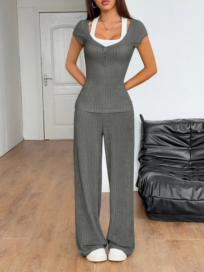 Textured Short Sleeve Top and Pants Set - Your Second Look