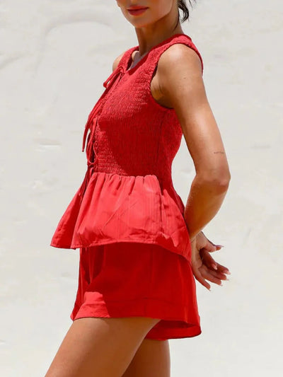 Tied Front Smocked Top and Shorts Set - Your Second Look