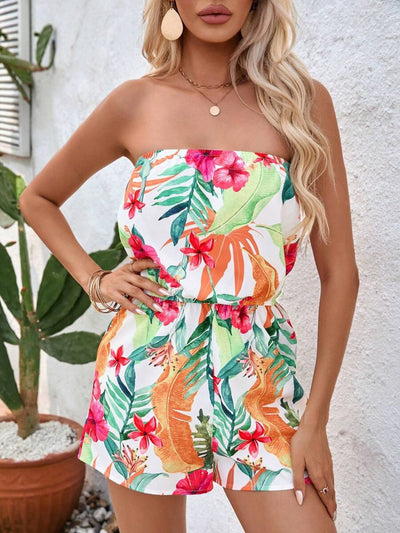 Tropical Print Strapless Elastic Waist Romper - Your Second Look