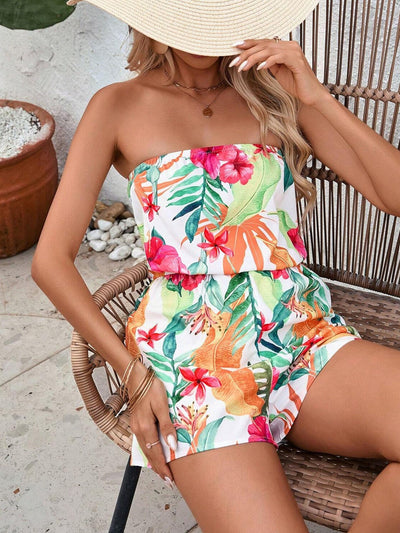 Tropical Print Strapless Elastic Waist Romper - Your Second Look