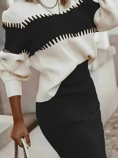 Two - Tone Ribbed Knit Top and Skirt Sweater Set - Your Second Look