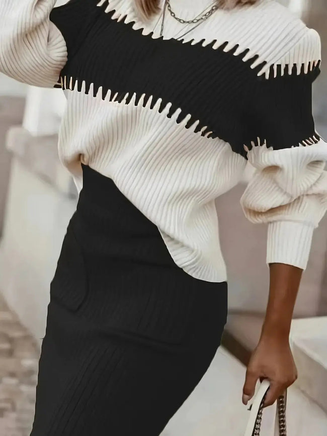 Two - Tone Ribbed Knit Top and Skirt Sweater Set - Your Second Look