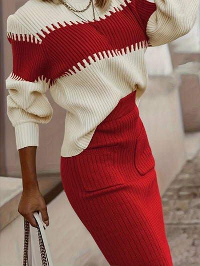 Two - Tone Ribbed Knit Top and Skirt Sweater Set - Your Second Look