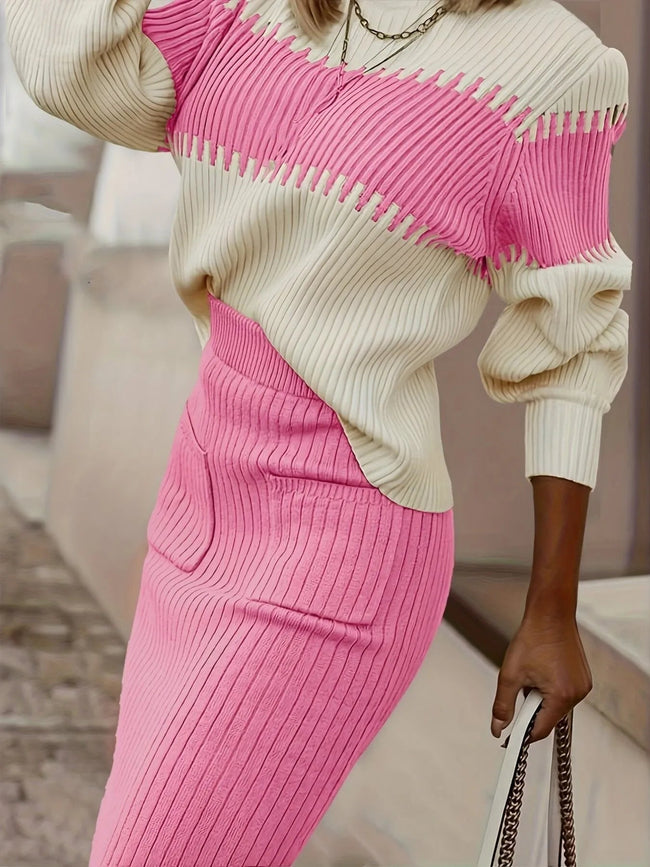 Two - Tone Ribbed Knit Top and Skirt Sweater Set - Your Second Look