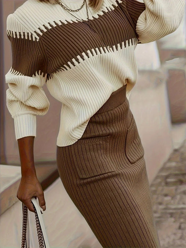 Two - Tone Ribbed Knit Top and Skirt Sweater Set - Your Second Look
