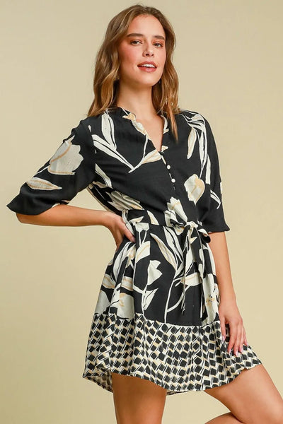 Umgee Full Size Floral Print Notched Tie Waist Mini Dress Plus Size - Your Second Look