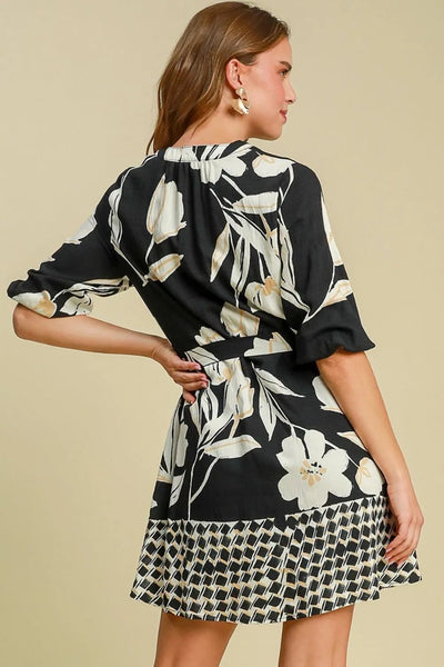 Umgee Full Size Floral Print Notched Tie Waist Mini Dress Plus Size - Your Second Look
