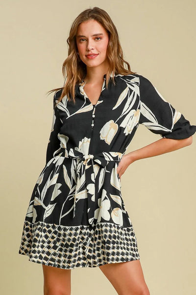 Umgee Full Size Floral Print Notched Tie Waist Mini Dress Plus Size - Your Second Look