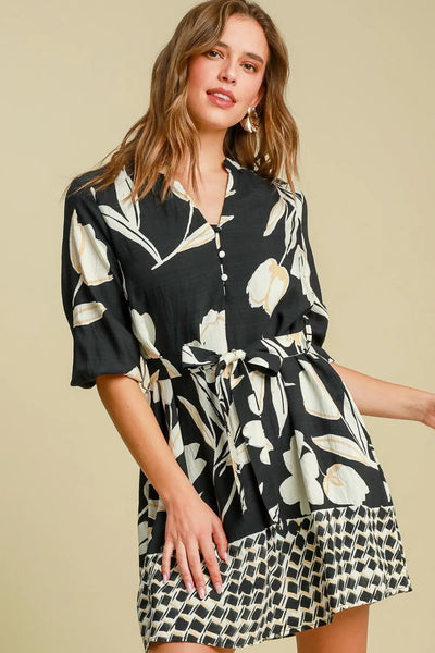 Umgee Full Size Floral Print Notched Tie Waist Mini Dress Plus Size - Your Second Look