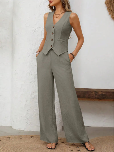 V - Neck Button Down Vest and Pants Set - Your Second Look