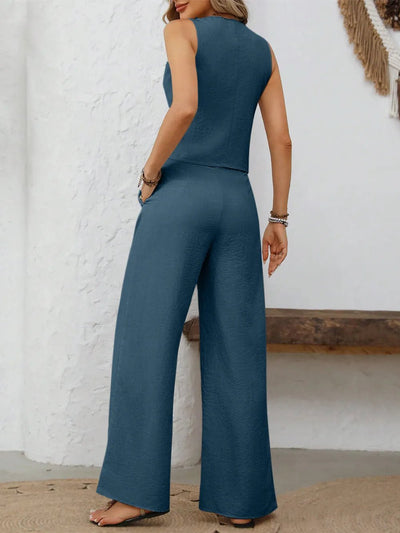V - Neck Button Down Vest and Pants Set - Your Second Look