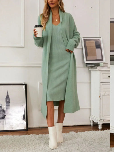V - Neck Cami Dress and Open Front Cardigan Sweater Set - Your Second Look