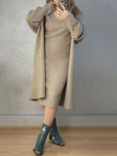 V - Neck Cami Dress and Open Front Cardigan Sweater Set - Your Second Look