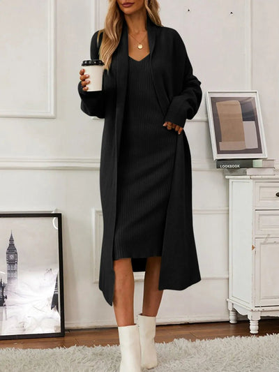 V - Neck Cami Dress and Open Front Cardigan Sweater Set - Your Second Look