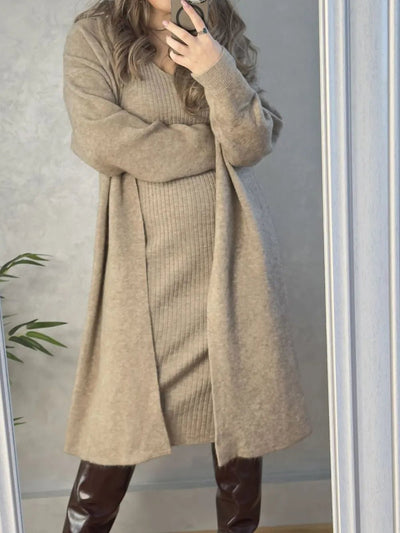 V - Neck Cami Dress and Open Front Cardigan Sweater Set - Your Second Look
