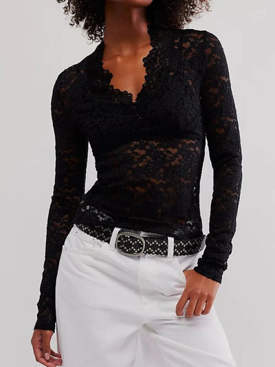 V - Neck Long Sleeve Lace Top - Your Second Look