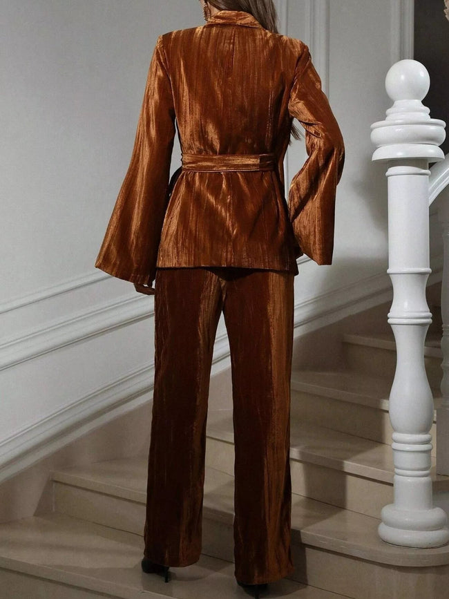 Velvet Tie Waist Blazer and Pants Set - Your Second Look