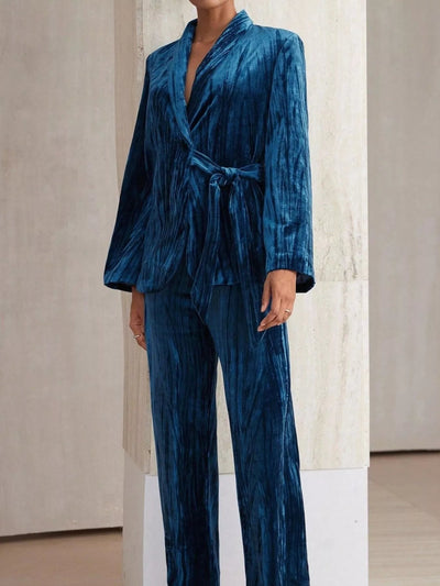 Velvet Tie Waist Blazer and Pants Set - Your Second Look