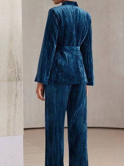Velvet Tie Waist Blazer and Pants Set - Your Second Look