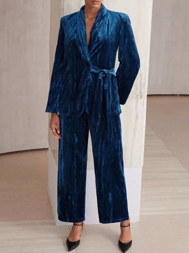 Velvet Tie Waist Blazer and Pants Set - Your Second Look