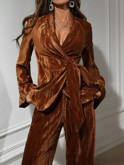 Velvet Tie Waist Blazer and Pants Set - Your Second Look