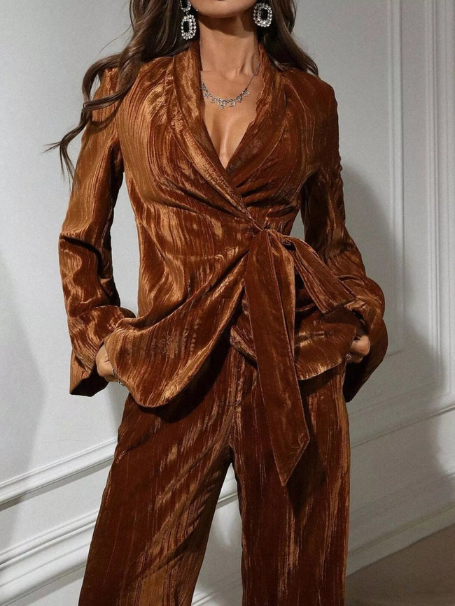 Velvet Tie Waist Blazer and Pants Set - Your Second Look