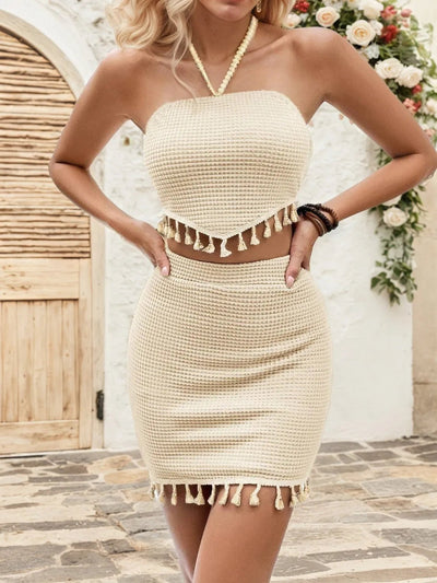 Waffle - Knit Halter Neck Top and Skirt Set - Your Second Look