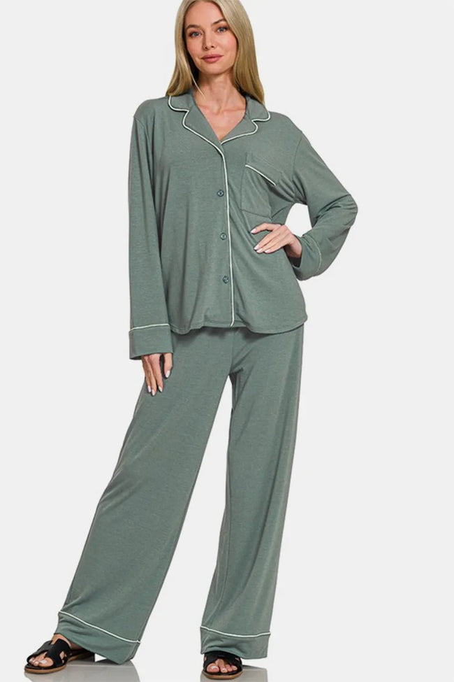 Zenana Button Down Long Sleeve Top and Pants Lounge Set - Your Second Look