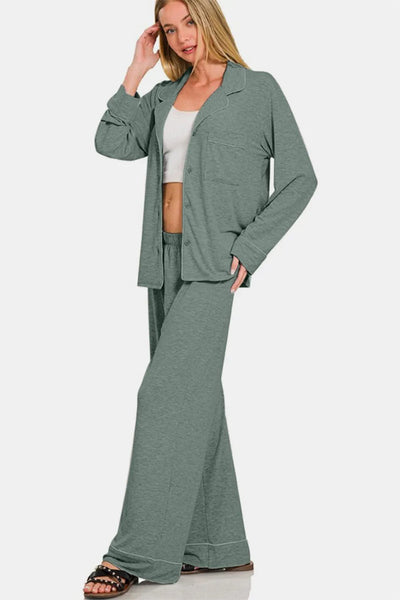 Zenana Button Down Long Sleeve Top and Pants Lounge Set - Your Second Look