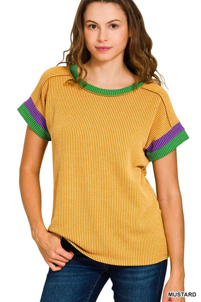 Zenana Mardi Gras Raised Rib Contrast Trim Top - Your Second Look