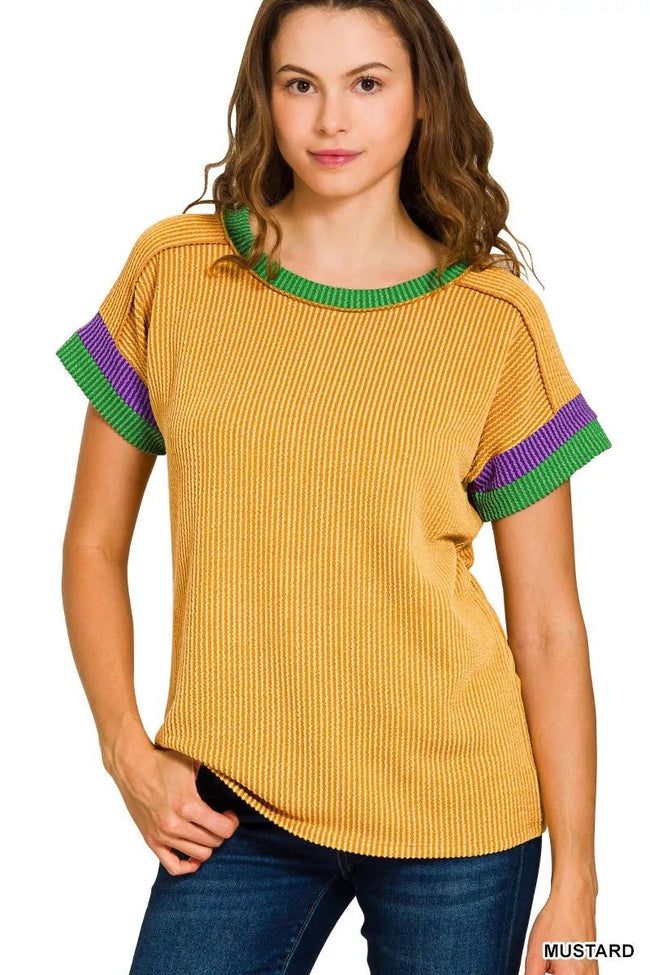 Zenana Mardi Gras Raised Rib Contrast Trim Top - Your Second Look