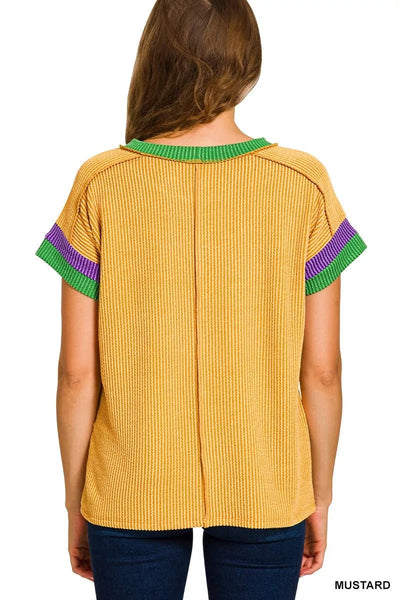 Zenana Mardi Gras Raised Rib Contrast Trim Top - Your Second Look