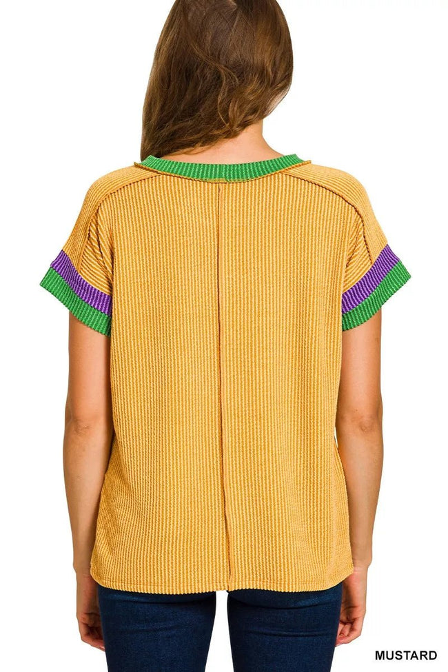 Zenana Mardi Gras Raised Rib Contrast Trim Top - Your Second Look