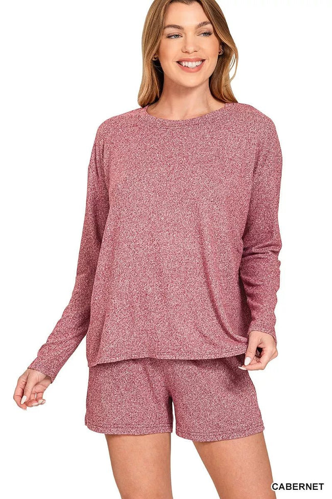 Zenana Soft Melange Long Sleeve Tee and Shorts Set - Your Second Look