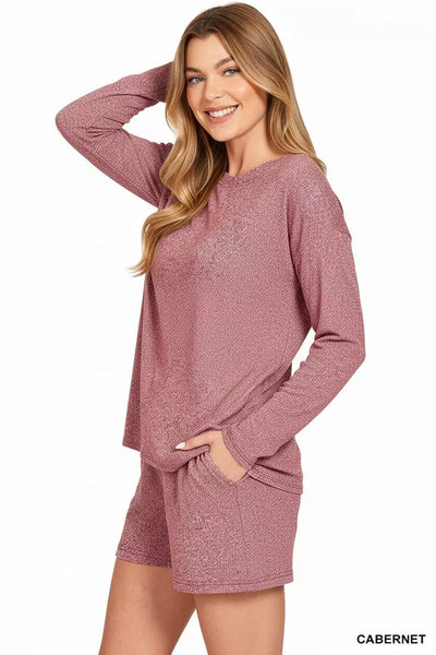 Zenana Soft Melange Long Sleeve Tee and Shorts Set - Your Second Look